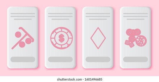 Set line Stick for chips, Casino chip with dollar symbol, Playing card with diamonds symbol and Casino chips, game dice and glass of whiskey with ice cubes. White rectangle button. Vector