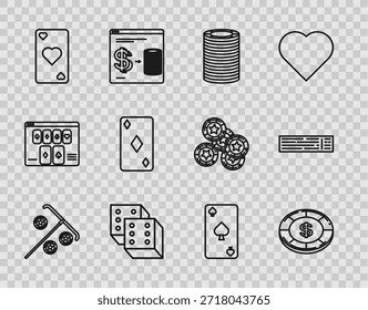 Set línea Stick para fichas, Casino con símbolo de dólar, dados de juego, corazón de la tarjeta de juego, diamantes, picas y Deck de icono de tarjetas de juego. Vector