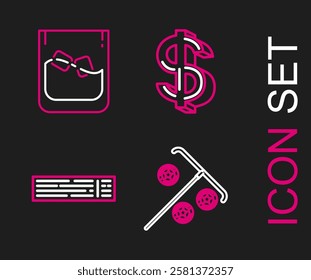 Set line Stick for chips, Deck of playing cards, Dollar symbol and Glass whiskey and ice cubes icon. Vector