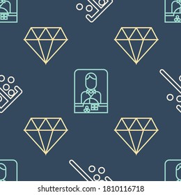 Set line Stick for chips, Diamond and Casino dealer on seamless pattern. Vector