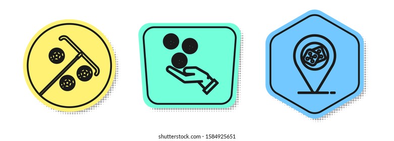 Set line Stick for chips, Hand holding casino chips and Casino location. Colored shapes. Vector