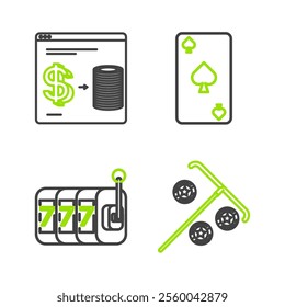 Set line Stick for chips, Slot machine with lucky sevens jackpot, Playing card spades symbol and Online casino exchange on stacks of dollars icon. Vector