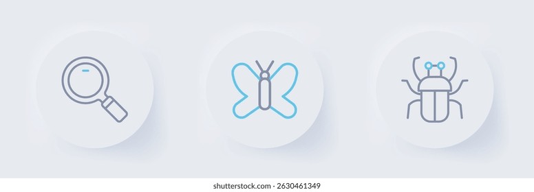 Set line Stink bug, Butterfly and Magnifying glass icon. Vector