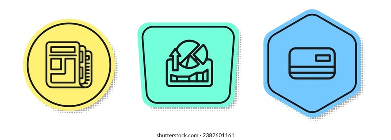 Set line Stock market news, Stocks growth graphs and Credit card. Colored shapes. Vector