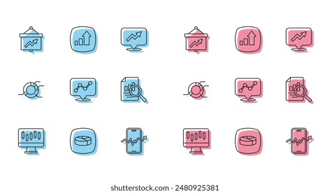 Set line Stocks market growth graphs, Pie chart infographic, Board with, Mobile stock trading, Graph, Document,  and Financial icon. Vector