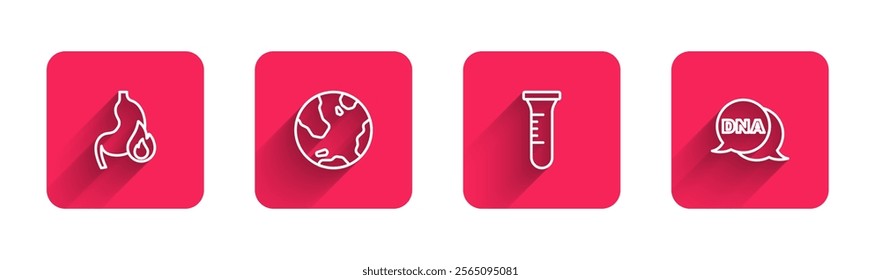 Set line Stomach heartburn, Earth globe, Test tube and flask and DNA symbol with long shadow. Red square button. Vector