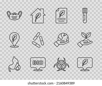 Set line Stomach heartburn, Location with leaf, Eco paper, Bio healthy food, Medical protective mask, Virus, Biohazard symbol and Plant in hand icon. Vector