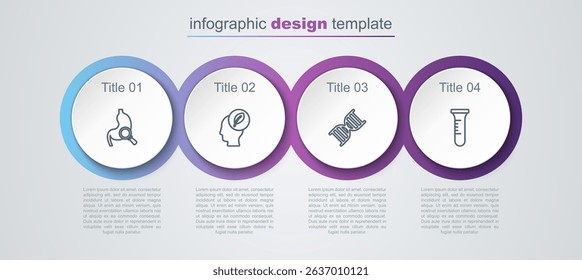 Set line Stomach with magnifying glass, Human head leaf inside, DNA symbol and Test tube and flask. Business infographic template. Vector