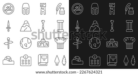 Set line Stone age arrow head, Ancient column, Castle tower, Rock stones, Dagger, No Smoking and Human broken bone icon. Vector