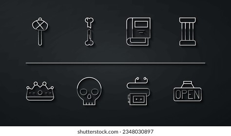Set line Stone age hammer, King crown, Ancient column, Museum audio guide, Human skull, broken bone, Hanging sign with Open and History book icon. Vector