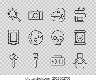 Set line Stone age hammer, Picture and rope barrier, Dinosaur skull, Paint brush, Magnifying glass, Earth globe, Exit sign and Old hourglass with sand icon. Vector