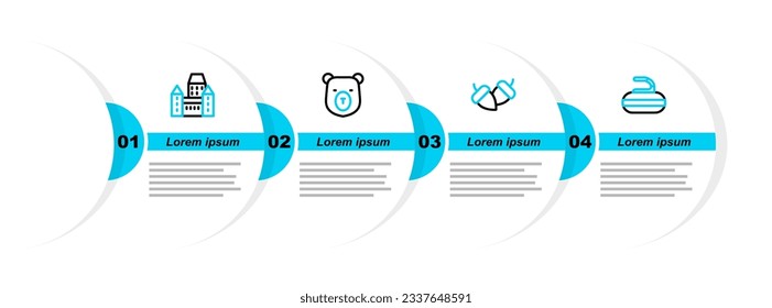 Set line Stone for curling, Acorn, Bear head and Chateau Frontenac hotel icon. Vector