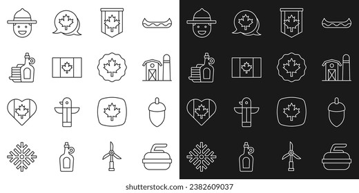 Set line Stone for curling, Acorn, Farm house, Pennant flag of Canada, Flag, Syrup with pancakes, Canadian ranger hat and maple leaf icon. Vector