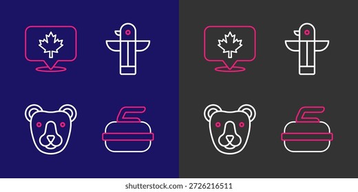 Set línea Stone para rizar, cabeza de oso, tótem canadiense e icono de hoja de arce. Vector