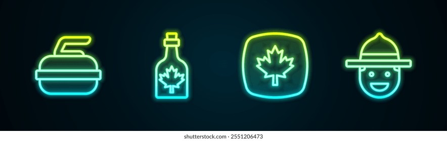 Set línea Stone para rizar, botella de jarabe de arce, hoja canadiense y sombrero de guardabosques. Icono de neón brillante. Vector