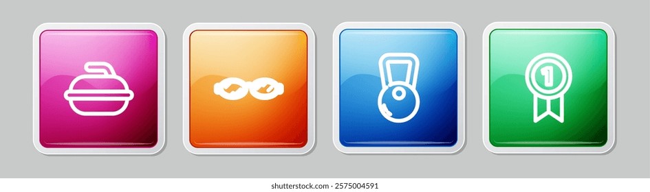 Set line Stone for curling sport game, Glasses swimming, Kettlebell and Medal. Colorful square button. Vector