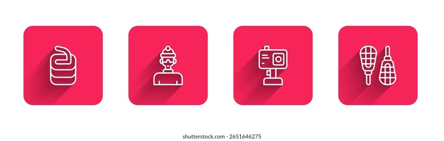 Set line Stone for curling, Winter athlete, Action camera and Snowshoes with long shadow. Red square button. Vector