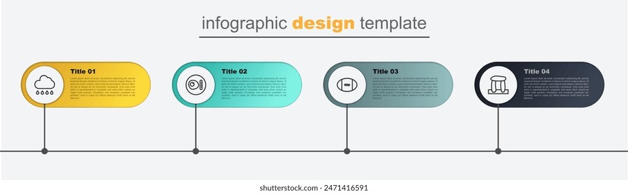 Set line Stonehenge, Rugby ball, British breakfast and Cloud with rain. Business infographic template. Vector