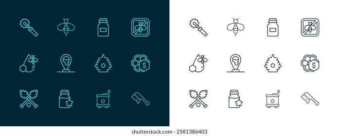 Set line Stop bee, Jar of honey, Hive for bees, Honey extractor, Honeycomb location, Cutter roll and Bee icon. Vector