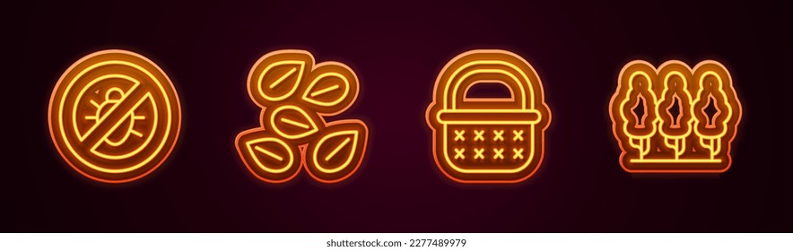 Set line Stop colorado beetle, Seeds of specific plant, Wicker basket and Fruit trees. Glowing neon icon. Vector