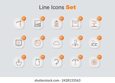 Set line Stopp Colorado Käfer, Spitzhacke, Sichel, Glas mit Schraubkappe, Vogelscheuche, Pflanzensprossen wachsen in der Sonne, Hahn Wetterfahne und Wolke Ikone. Vektor