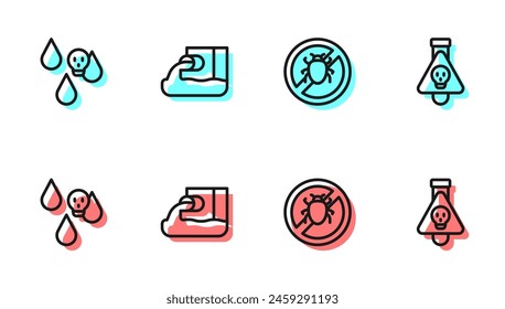 Set line Stop colorado beetle, Acid rain, Wastewater and Bottle with potion icon. Vector