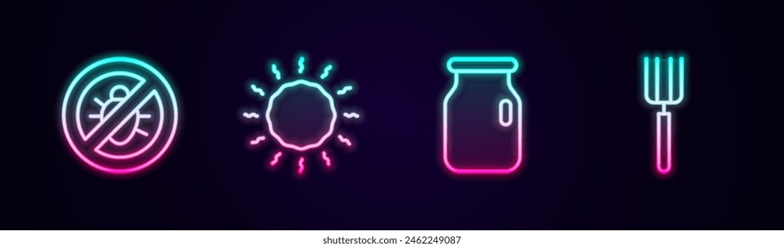 Colorado escarabajo, sol, tarro de vidrio con tapón de rosca y horquilla de jardín. Icono de neón brillante. Vector