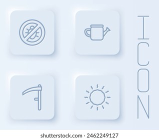 Set line Stop colorado beetle, Watering can, Scythe and Sun. White square button. Vector