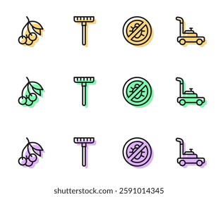 Set line Stop colorado beetle, Fresh berries, Garden rake and Lawn mower icon. Vector