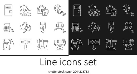 Set line Stop delivery cargo truck, Global economic crisis, Hanging sign with Sale, Calculation of expenses, Prison cell door, Drop crude oil price and Dollar rate decrease icon. Vector