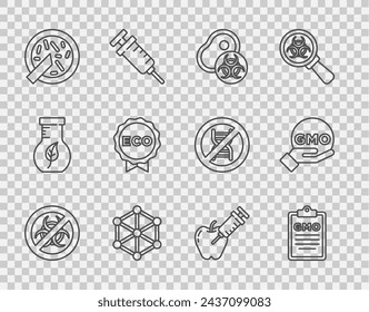 Set line Stop GMO, Genetically modified meat, Petri dish with bacteria, Label for eco healthy food, apple and  icon. Vector