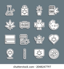 Set line Stop marijuana or cannabis leaf, Marijuana in heart, Cookies with, plant, Digital alarm clock, Glass bong for smoking and Medical icon. Vector