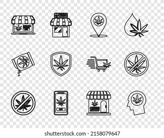 Fijar línea Detener marihuana, Responder en perfil con, Localización y, Compras en línea, Escudo, Marihuana tienda de cannabis e ícono. Vector