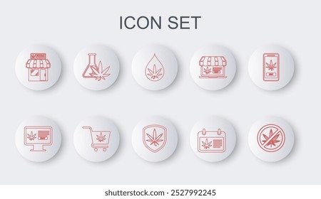 Linha Set Pare maconha, compra on-line, maconha ou óleo folha de cannabis, calendário e, loja, tubo de teste com, carrinho de compras e ícone de escudo. Vetor