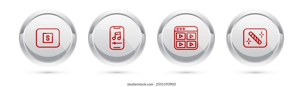 Set line Stop media button, Music player, playlist and Photo retouching. Silver circle button. Vector