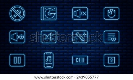 Set line Stop media button, Add playlist, Speaker mute, Arrow shuffle, volume, Mute microphone, Photo retouching and Vinyl player with vinyl disk icon. Vector