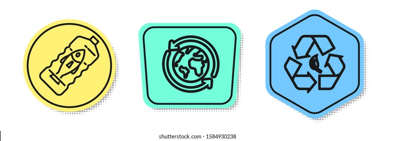 Set line Stop ocean plastic pollution, Planet earth and a recycling and Recycle symbol and leaf. Colored shapes. Vector