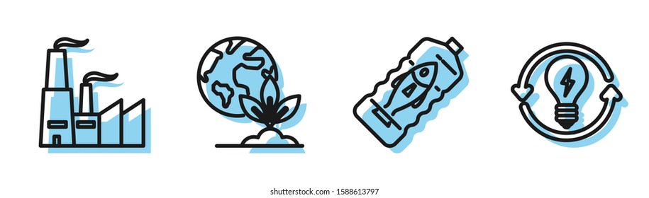 Set line Stop ocean plastic pollution, Factory, Earth globe and plant and Recycle and light bulb with lightning symbol icon. Vector