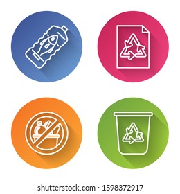 Set line Stop ocean plastic pollution, Paper with recycle, No trash and Recycle bin with recycle symbol. Color circle button. Vector