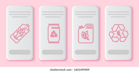 Set line Stop ocean plastic pollution, Can with recycle symbol and can, Bio fuel canister and Recycle symbol and leaf. White rectangle button. Vector