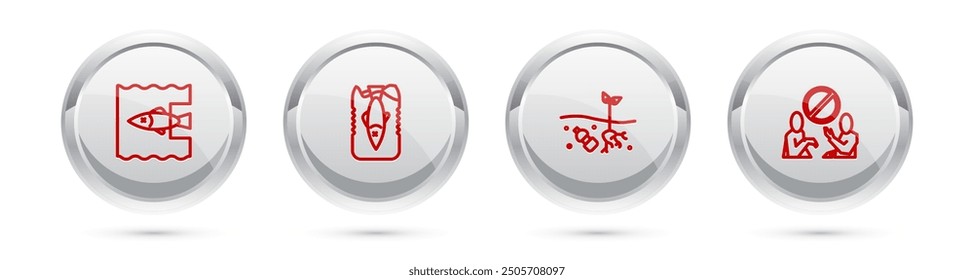 Set line Stop ocean plastic pollution, , Problem of planet and . Silver circle button. Vector