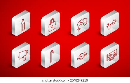 Set line Stop plastic pollution, Environment protection whale dead, Problem of the ocean, Fish care, Lotion cosmetic tube, Drinking straw and Spread word, megaphone icon. Vector