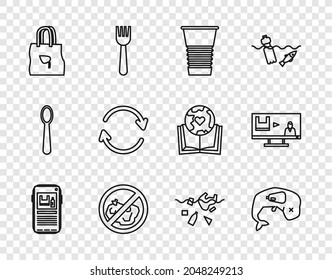 Set line Stop plastic pollution, Environment protection whale dead, Paper glass, No trash, Shopping bag with recycle, Refresh, Problem of planet and  icon. Vector