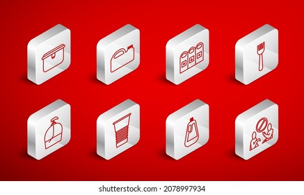Fijar la línea Detener la contaminación de plástico, el cartucho para el aceite de la máquina, los cubos de basura de la basura ordenados, la horquilla desechable, el líquido lavavajillas de la botella, la caja del almuerzo, el vidrio del papel y el icono del jabón. Vector