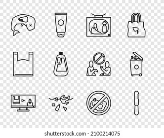 Fijar la línea Detener la contaminación de plástico, cuchillo desechable, Problema del planeta, Protección del medio ambiente ballena muerta, Botella para lavar el líquido, No basura y Basura icono. Vector