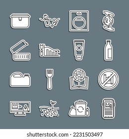 Set line Stop plastic pollution, Say no bags poster, Lotion cosmetic tube, Battery in pack, Ecology infographic, Lunch box,  and Cream icon. Vector