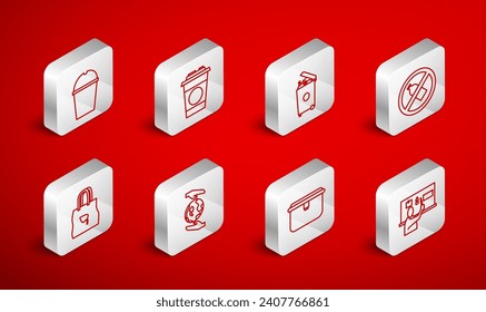 Fijar la línea Detener la contaminación de plástico, el vidrio de papel, la basura, Sin botella, la caja de almuerzo, el agua, las manos sujetando el globo terrestre y la bolsa de compras con el icono de reciclar. Vector