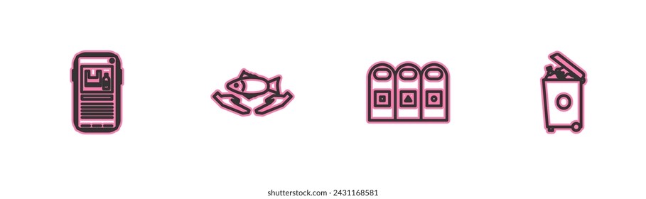 Set line Stop plastic pollution, Trash in garbage cans sorted, Fish care and  icon. Vector