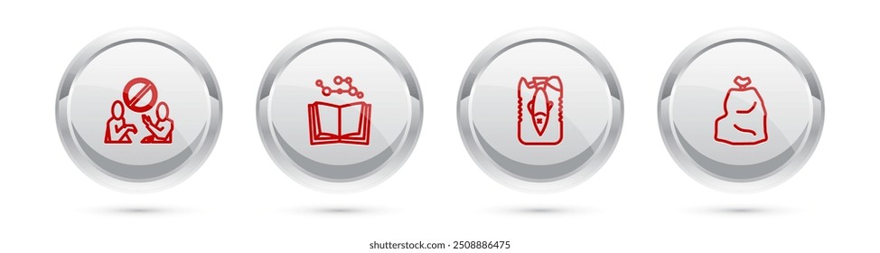Set line Stop plastic pollution, Open book, ocean and Garbage bag. Silver circle button. Vector