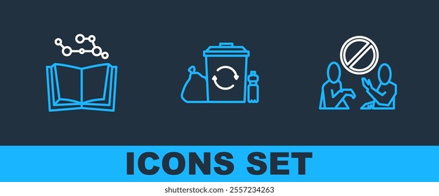 Set line Stop plastic pollution, Open book and Recycle bin with recycle icon. Vector